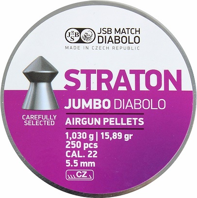 JSB Straton Jumbo Diabolo Speed Pellets, Pointed Head, Grains 15.89, Qty 250, Caliber .22"