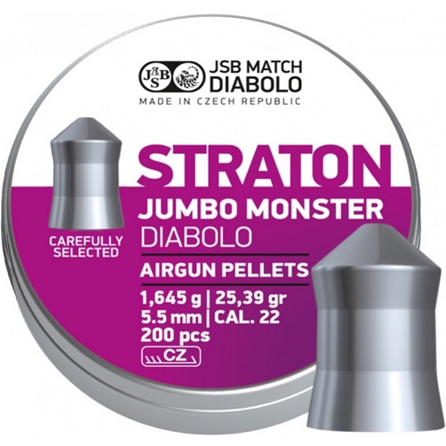 JSB Straton Jumbo Monster, Diabolo Pellets, Pointed Head, Grains 25.39, Qty 200, Caliber .22"