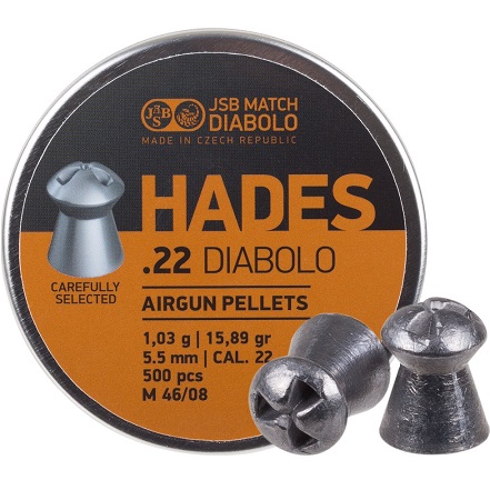 JSB Diabolo HADES Hunting Pellets, Hollow Point, Grains 15.89, Qty 500, Caliber .22"