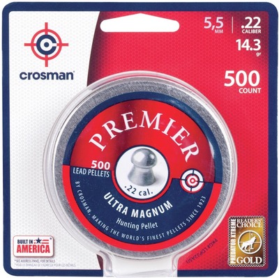 Crosman Slugs, Premier Domed Pellets, Ultra Magnum, 14.3 Grain, Qty 500, Caliber 0.22
