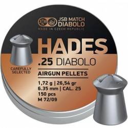 JSB Diabolo HADES Hunting Pellets, Hollow Point, Grains 26.54, Qty 150, Caliber .25" JSB Diabolo HADES Hunting Pellets, Hollow Point, Grains 26.54, Qty 150, Caliber .25"