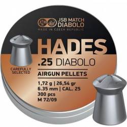 JSB Diabolo HADES Hunting Pellets, Hollow Point, Grains 26.54, Qty 300, Caliber .25" JSB Diabolo HADES Hunting Pellets, Hollow Point, Grains 26.54, Qty 300, Caliber .25"